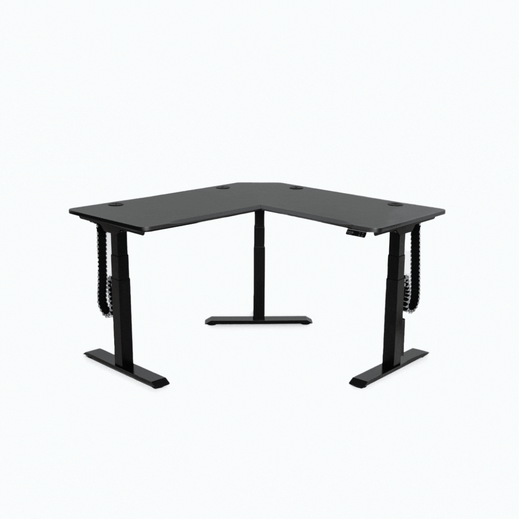 3 leg corner 72x72 power adjustable standing desk GIF showing different angles