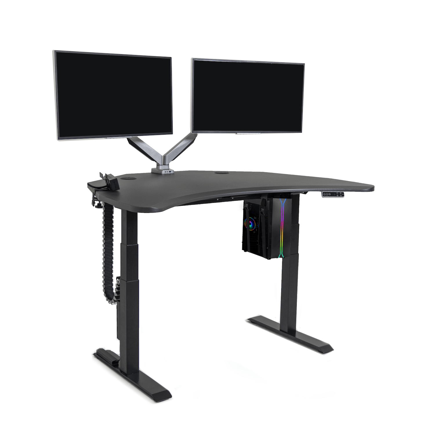 gaming desk sit-stand curved front with 2 screens on dual monitor arm