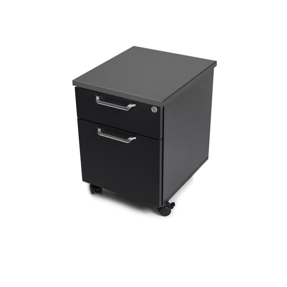 Our Matte Lux Charcoal slim mobile file cabinet has a lockable top drawer, soft-close - Small but sturdy standing desk accessory.