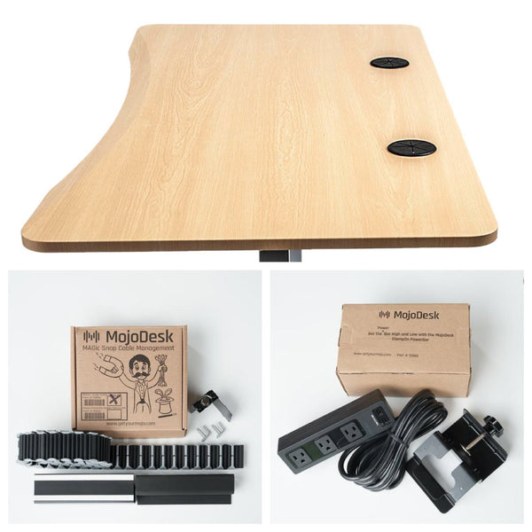 MojoDesk Bundle with cable management accessories and natural maple desktop