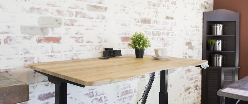Standing Desk American Oak Top against brick wall with beveled front edge for wrist comfort